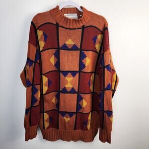 Henry Grethel Orange Colorful Geometric Knit Cotton Sweater Size Large 80s 90s